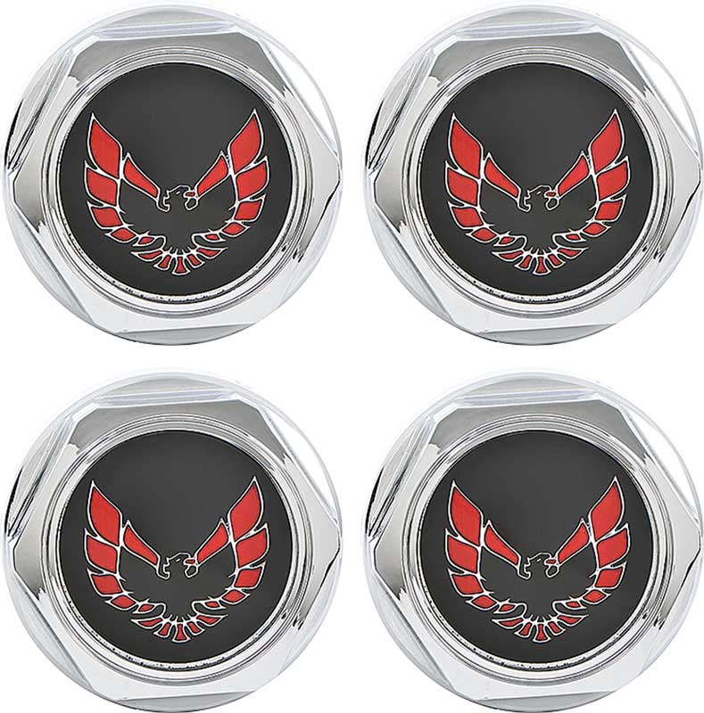 1977-81 Firebird Trans Am Wheel Center Caps Chrome Red Bird Emblem Metal Clips Set of 4