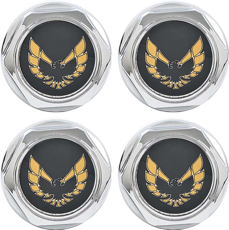 1977-81 Firebird Wheel Center Caps Chrome with Gold Emblem with Plastic Clips Set of 4