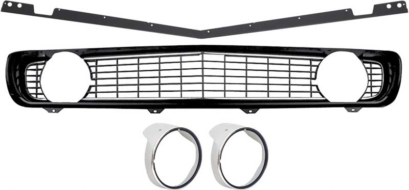 1969 Camaro Standard Full Grill Kit Headlamp Bezels with Chrome Ring Black Grill