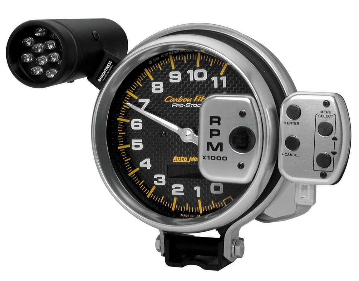 Carbon Fiber Series 5" 11,000 RPM Pedestal Mount 4 StageTachometer with LED Shift Light & Recall
