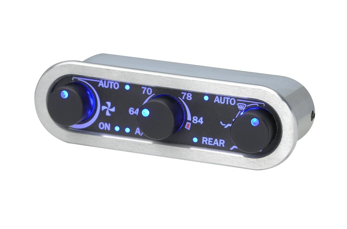 DCC Digital Climate Control - Vintage Air Gen IV 3-Knob, Horizontal, Chrome, Silver Alloy, Blue Display