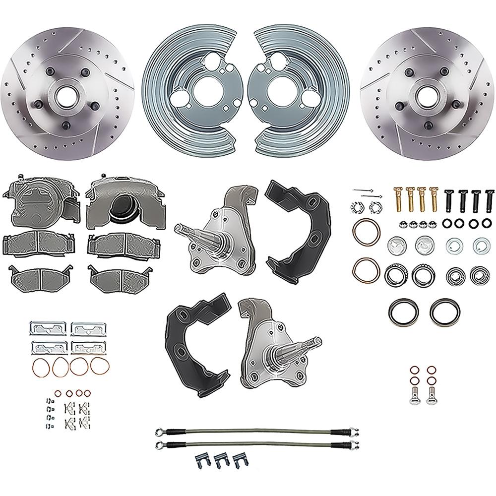 1962-74 Dodge, Plymouth B, E Body Front Disc Brake Conversion Set with 11" Drilled and Slotted Rotors and Stainless Braided Hoses