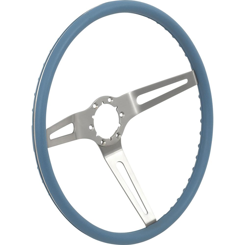 1969-72 GM Comfort Grip Cushioned Steering Wheel 3-Spoke Silver Spokes Blue Grip
