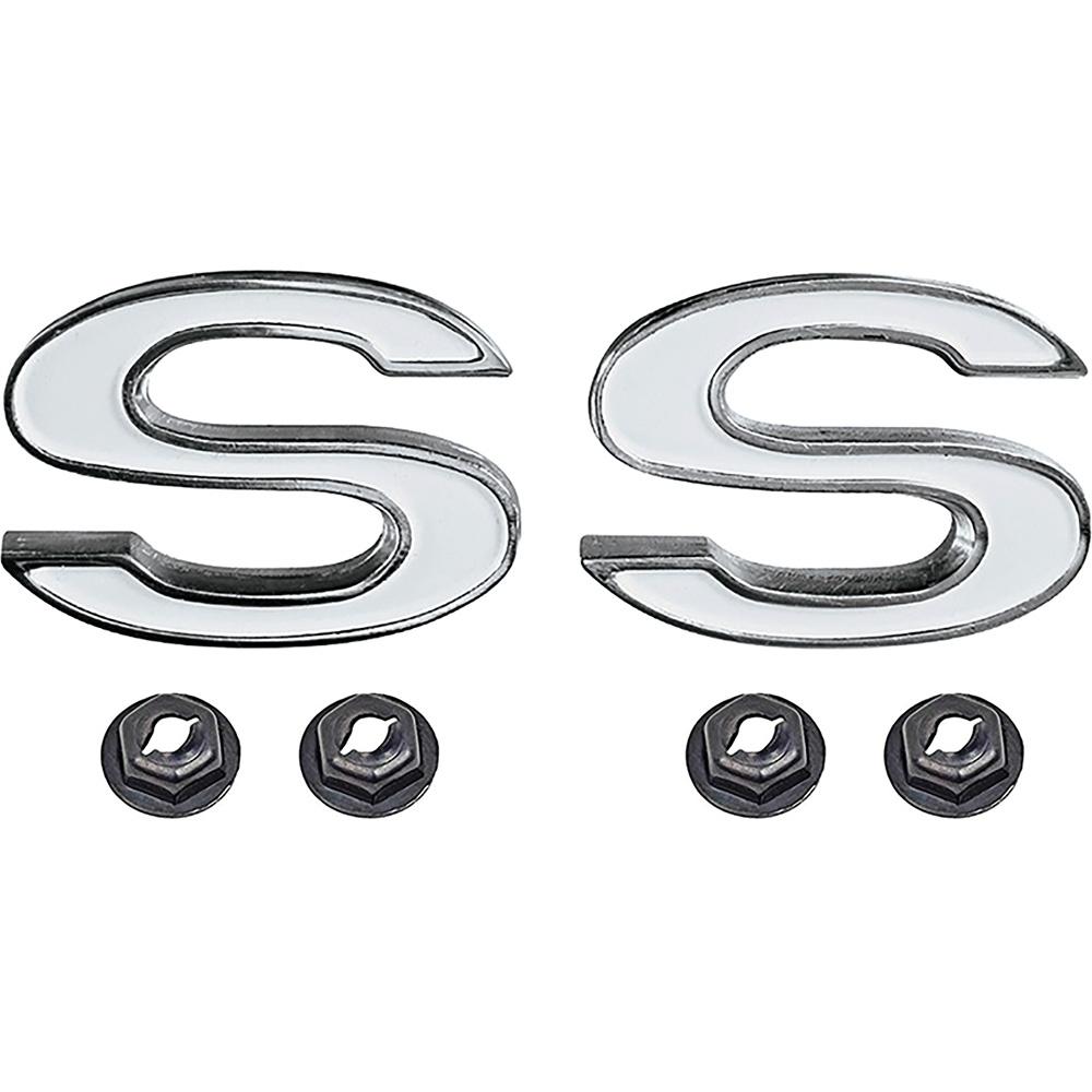 1969-72 Chevelle, El Camino 1969 Impala "SS" Front Fender Emblem Chrome with White Painted Details Includes Emblem and Fasteners LH or RH