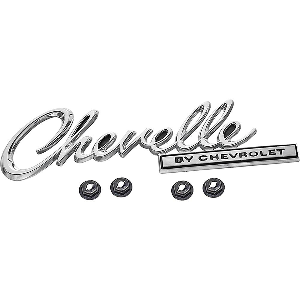 1969 Chevelle, Malibu "Chevelle By Chevrolet" Trunk Lid Emblem Chrome with Black Painted Details Includes Emblem and Fasteners