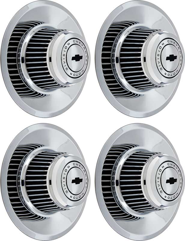 1968-81 Chevrolet Chrome Rally Wheel Derby Cap Set "Chevrolet Motor Division" with Center Bow Tie 4 Piece Set