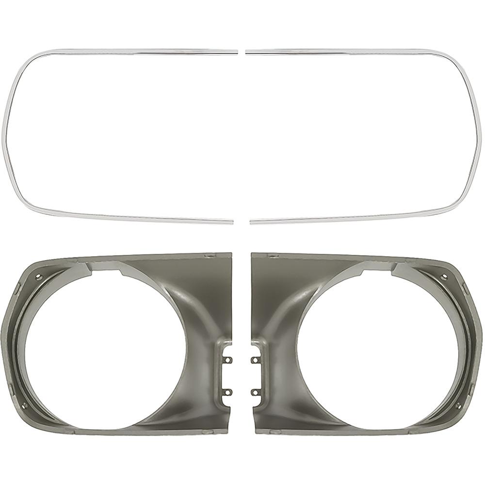 1970 Barracuda, Cuda Headlamp Bezel Set With Stainless Steel Trim Moldings Unpainted