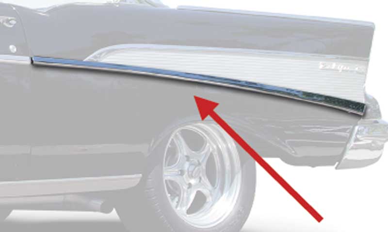 1957 Chevy Bel Air, 210 Lower Quarter Molding Long 2-Door Stainless Steel LH, Driver Side