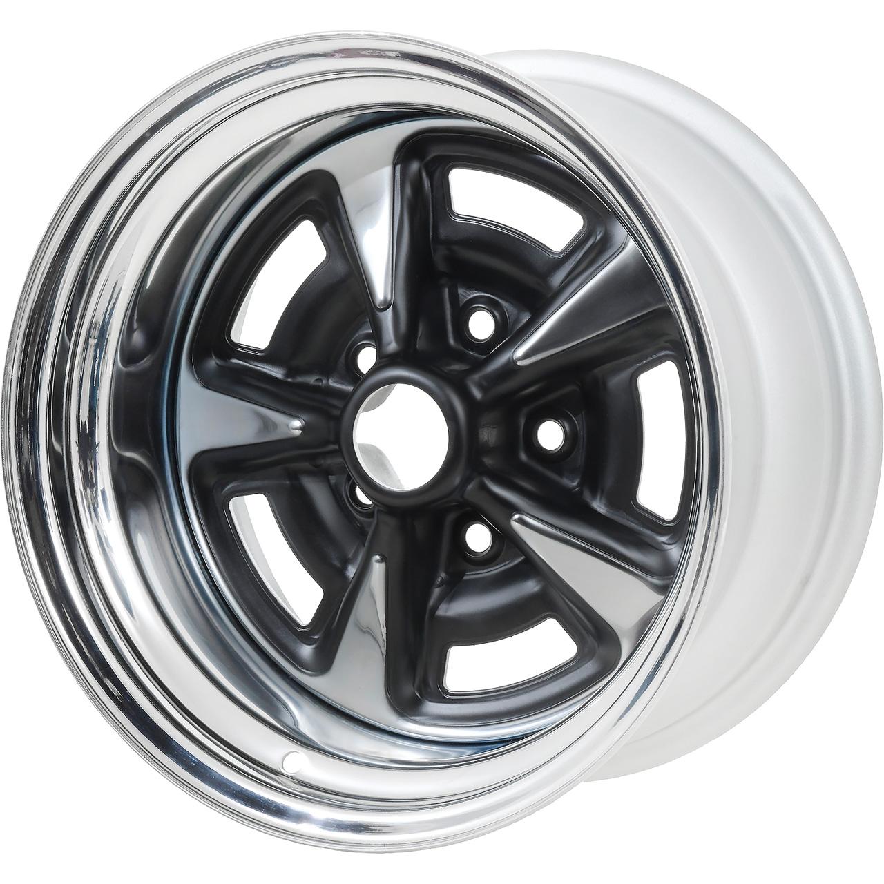 1967-81 Pontiac Rally II Wheel 15" x 8" 4" Backspacing (-12mm ET) 5 x 4-3/4" Lug Pattern Chrome and Black Finish Each