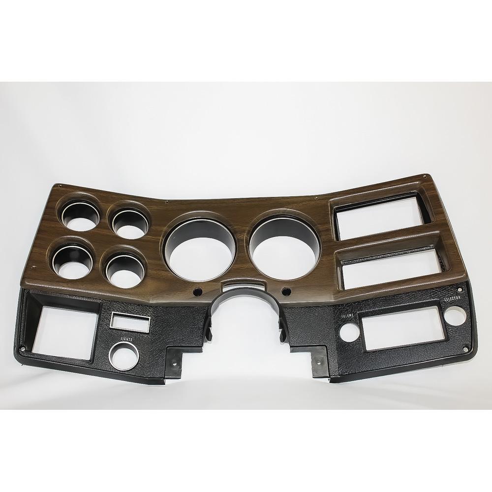 1975-77 Chevrolet C10, K10, Blazer, GMC C15, K15, Jimmy, Suburban Dash Gauge Bezel For Models With AC Black with Silver Trim Features Woodgrain Trim Plate